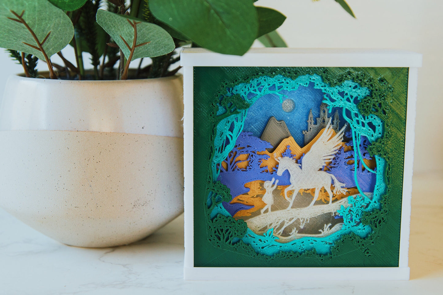 Enchanted Unicorn 3D Light Box - Glow in the Dark - Unicorn and Girl Shadow Box - Fantasy Art Decor
