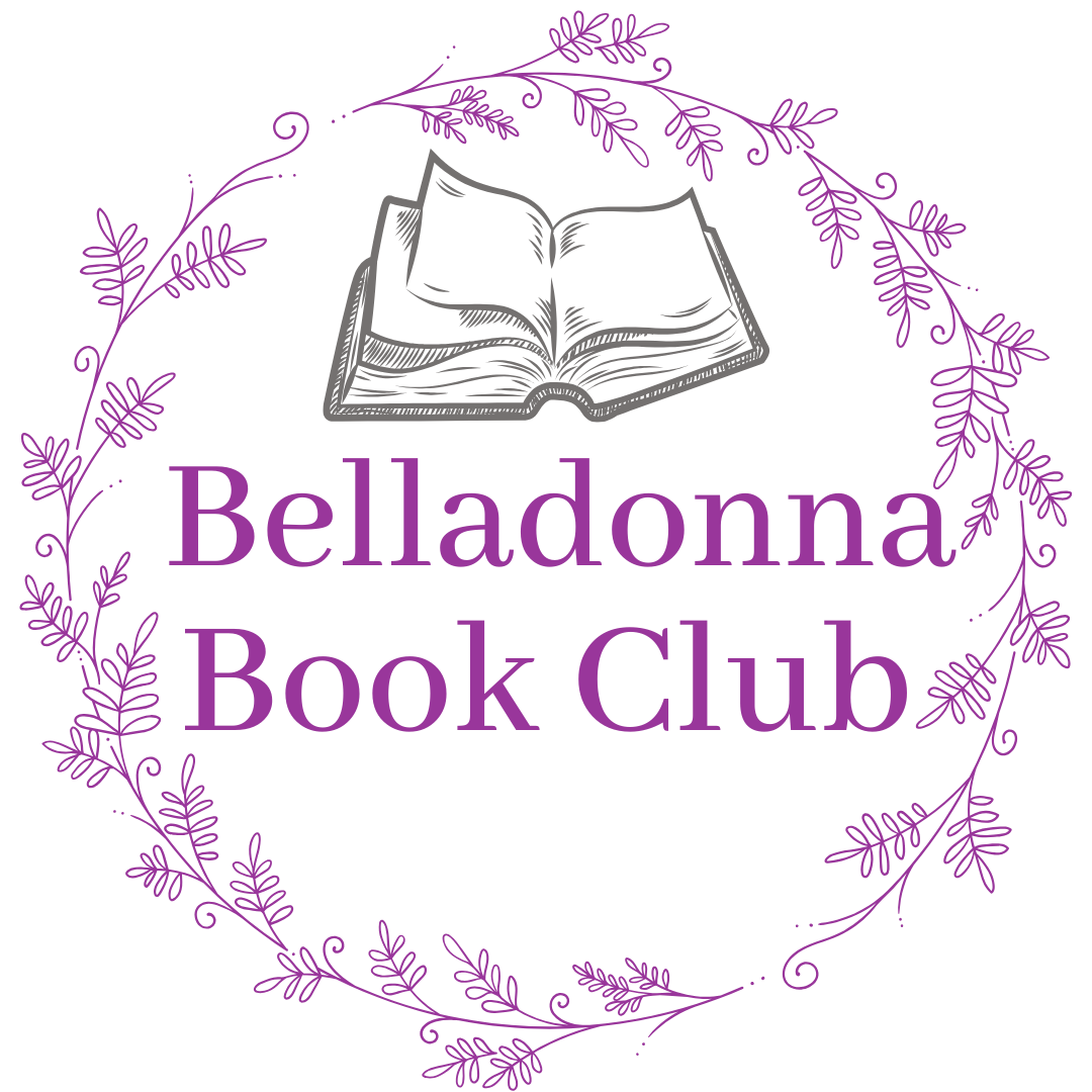 Purple floral wreath logo on Belladonna Book Club apothecary jar candle