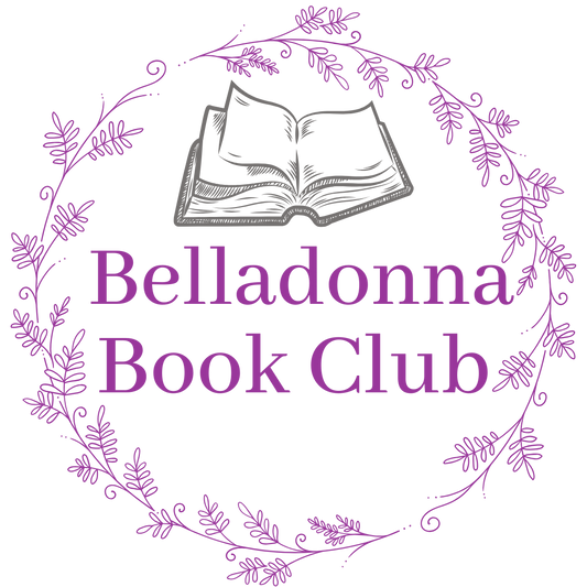 Purple floral wreath logo on Belladonna Book Club apothecary jar candle