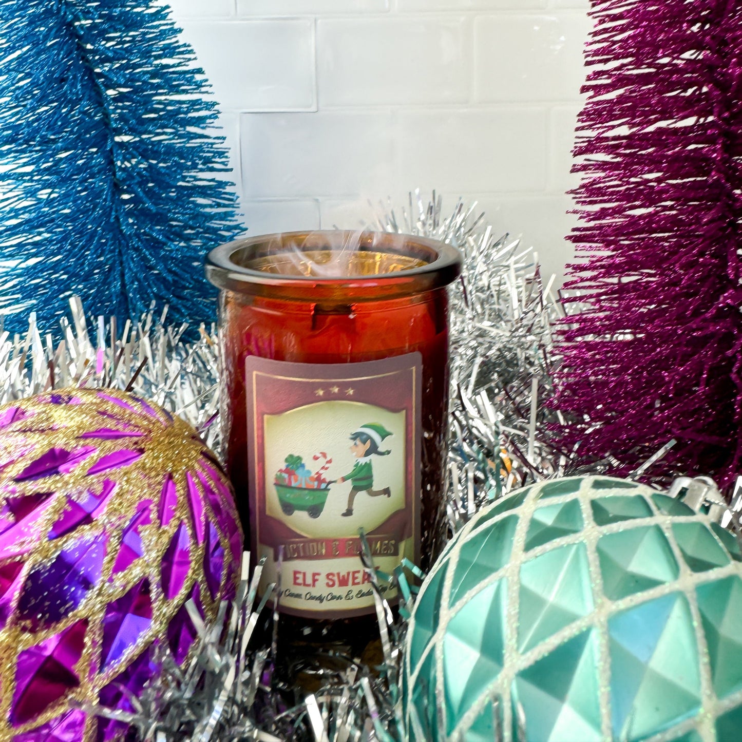 Elf Sweat Christmas Candle - A Playful Blend of Candy Canes, Candy Corn & Soda Pop Bubbles
