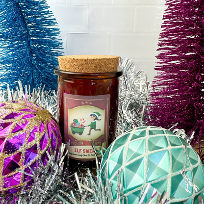 Elf Sweat Christmas Candle - A Playful Blend of Candy Canes, Candy Corn & Soda Pop Bubbles