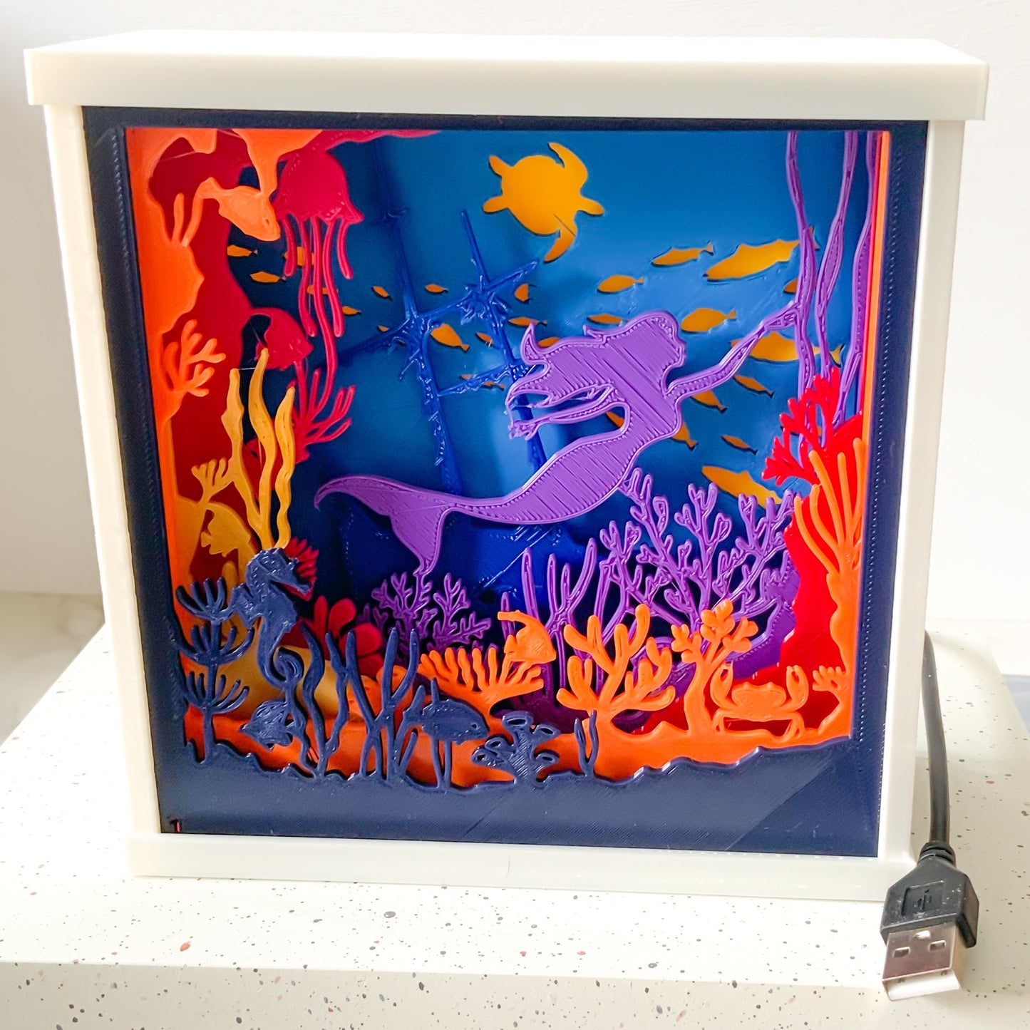 Little Mermaid 3D Light Box - Glow in the Dark - Battery Powered - Enchanting Shadow Box - Fantasy Art Decor - Fiction and Flames 