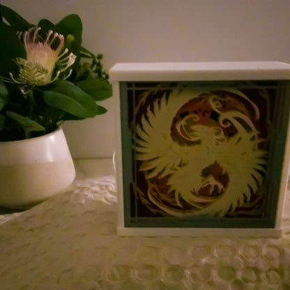 Majestic Phoenix 3D Light Box - Glow in the Dark - Battery Powered - Mythical Shadow Box - Fantasy Art Decor - Fiction and Flames 