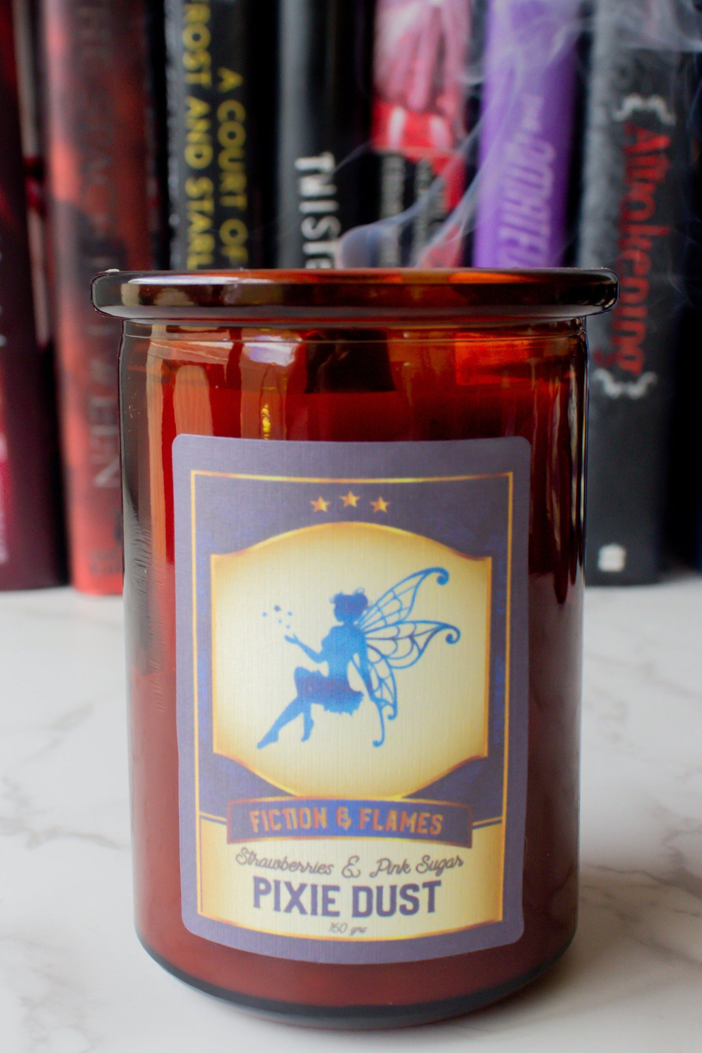 Pixie Dust | Strawberries + Pink Sugar | Bookish Candle | Scented Soy Candle | Wood Wick | Writers Gift | Book Lover Candle | Fruity Scented - Fiction and Flames 