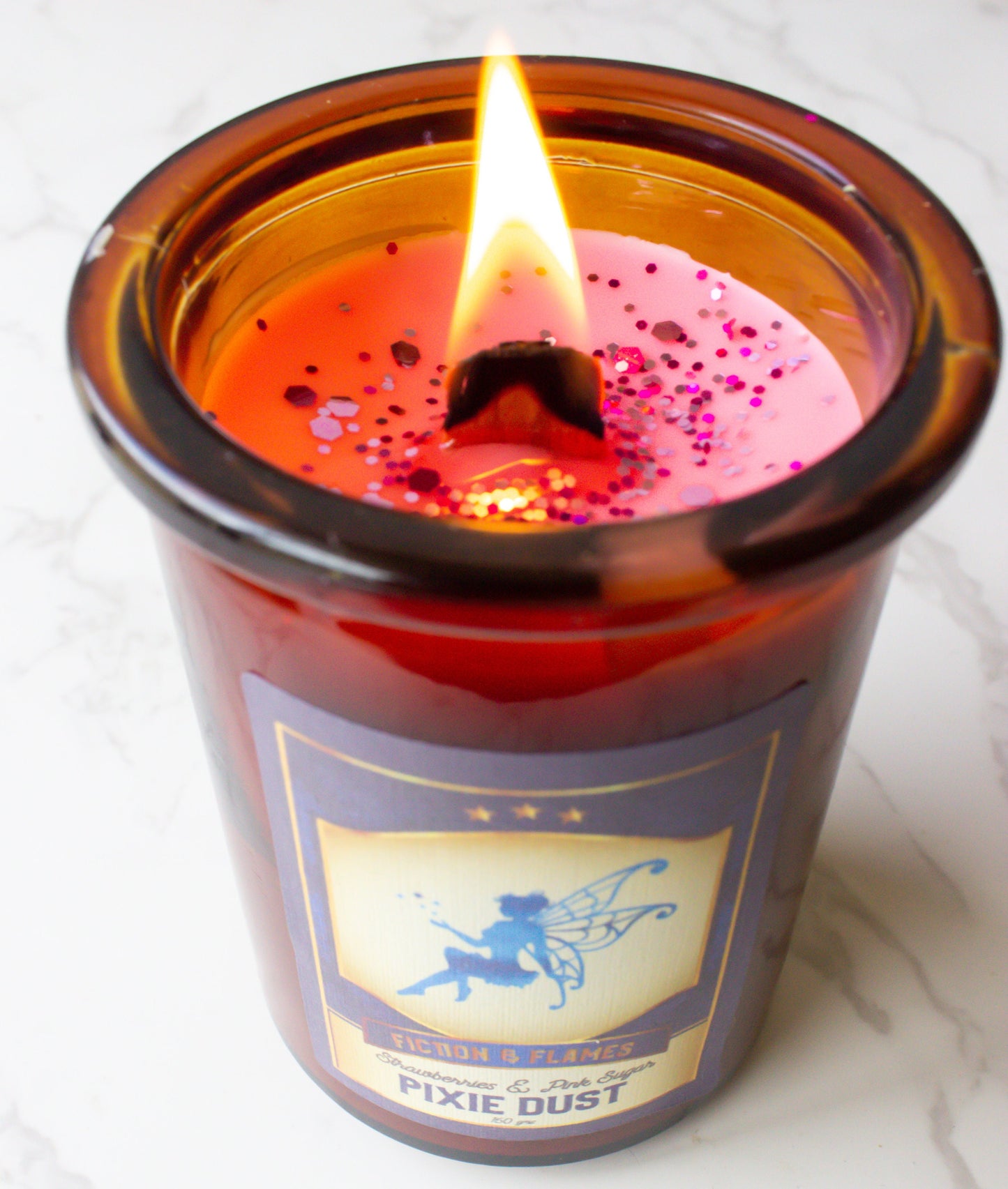 Pixie Dust | Strawberries + Pink Sugar | Bookish Candle | Scented Soy Candle | Wood Wick | Writers Gift | Book Lover Candle | Fruity Scented - Fiction and Flames 