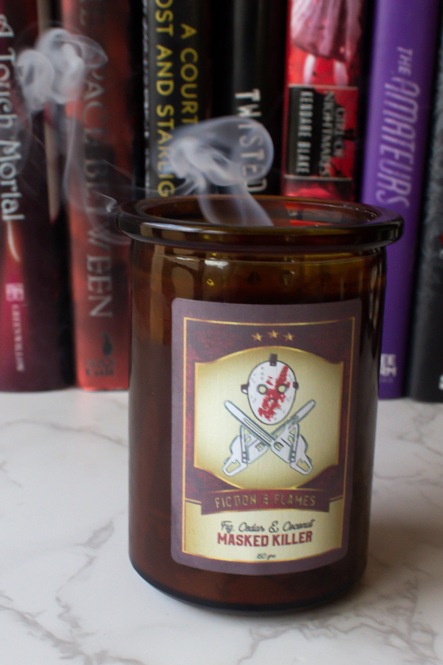 Masked Killer | Fig, Cedar + Coconut | Scented Candle | Book Lover Gift | Reader Gift | Bookish Candle | Horror Candle | Scary Movie - Fiction and Flames 