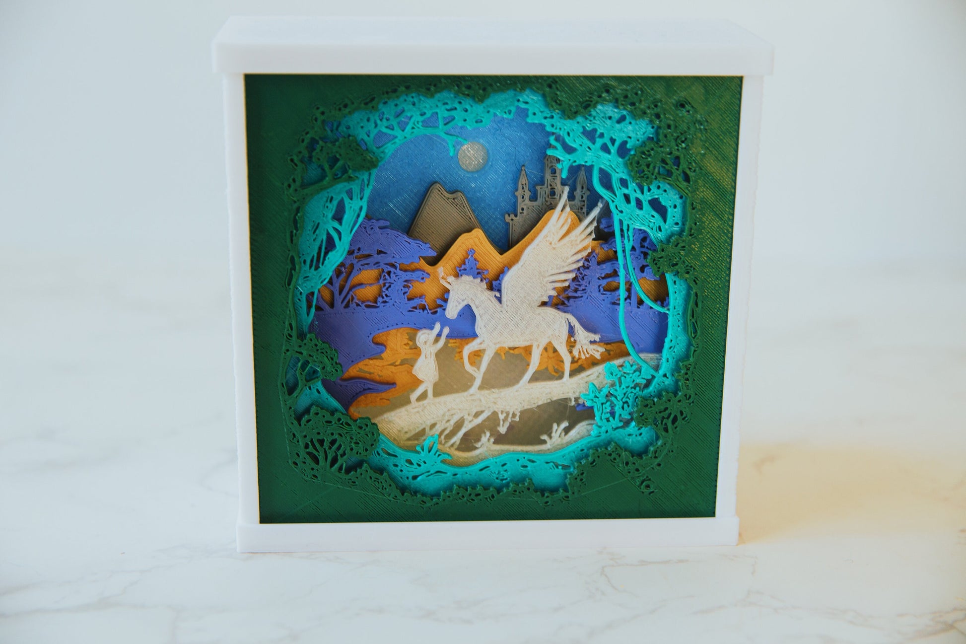 Enchanted Unicorn 3D Light Box - Glow in the Dark - Unicorn and Girl Shadow Box - Fantasy Art Decor - Fiction and Flames 