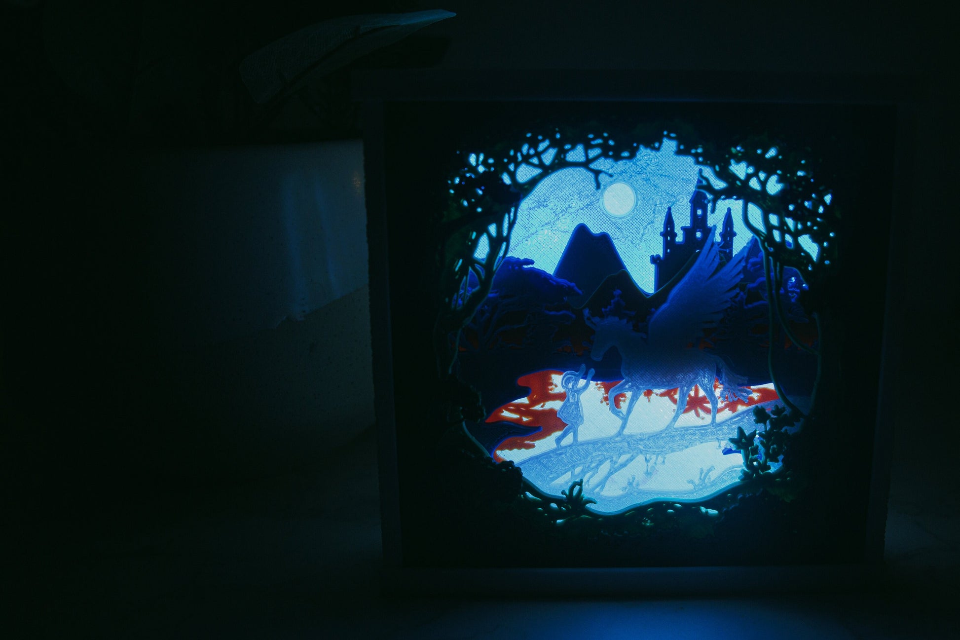 Enchanted Unicorn 3D Light Box - Glow in the Dark - Unicorn and Girl Shadow Box - Fantasy Art Decor - Fiction and Flames 