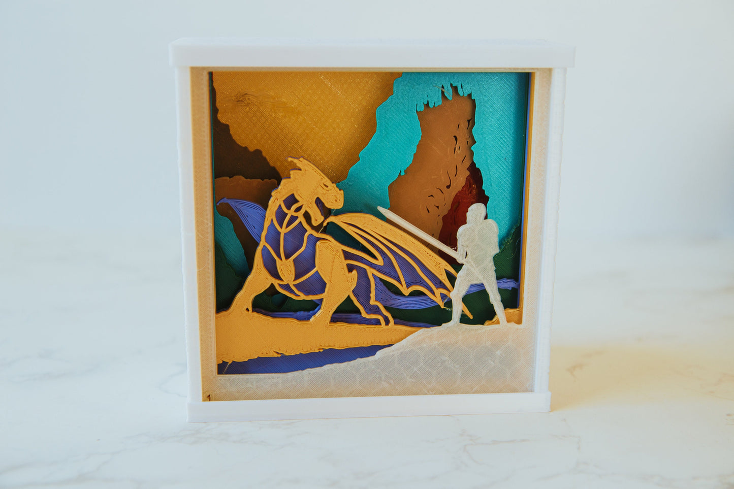 Dragon Slayer 3D Lightbox - Knight vs Dragon Shadow Box - Glow in the Dark - USB/Battery Powered - Fantasy Art Decor - Fiction and Flames 