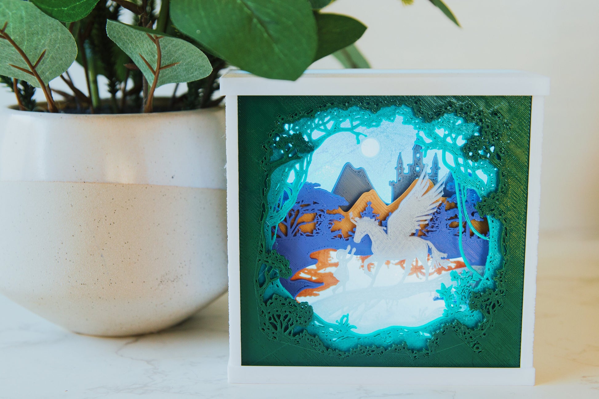 Enchanted Unicorn 3D Light Box - Glow in the Dark - Unicorn and Girl Shadow Box - Fantasy Art Decor - Fiction and Flames 