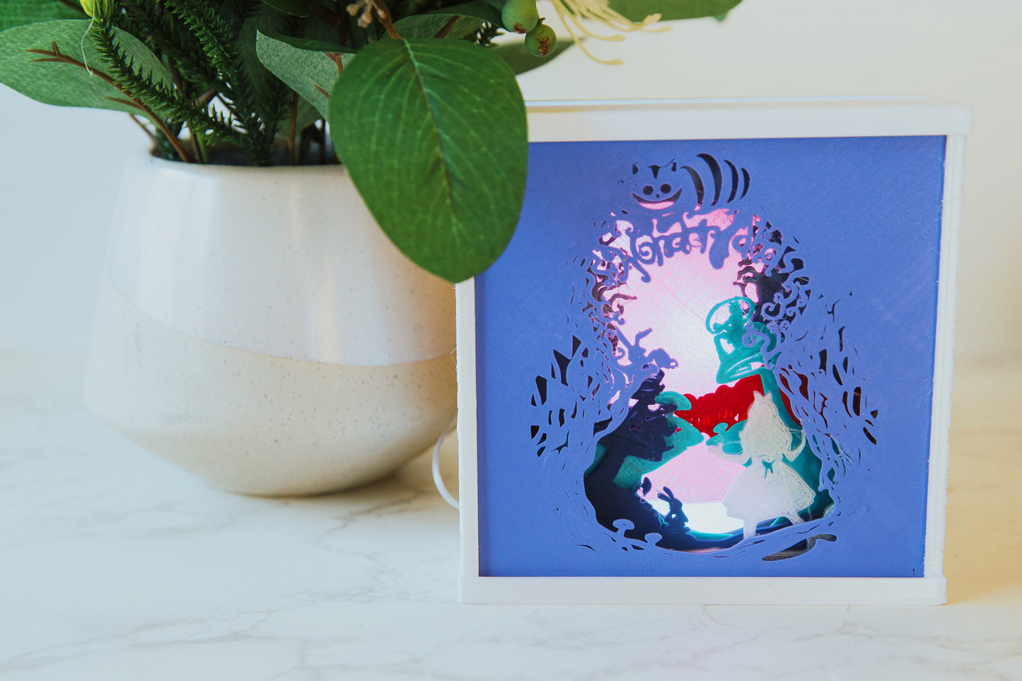 Alice in Wonderland 3D Light Box - Glow in the Dark - Battery Powered - Whimsical Shadow Box - Fantasy Art Decor - Fiction and Flames 