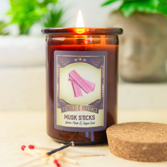 Musk Sticks Scented Candle | Candy Fragrance Candle | Sweet Treat | Birthday Gift | Aromatherapy Candle | Book Lover's Gift - Fiction and Flames 