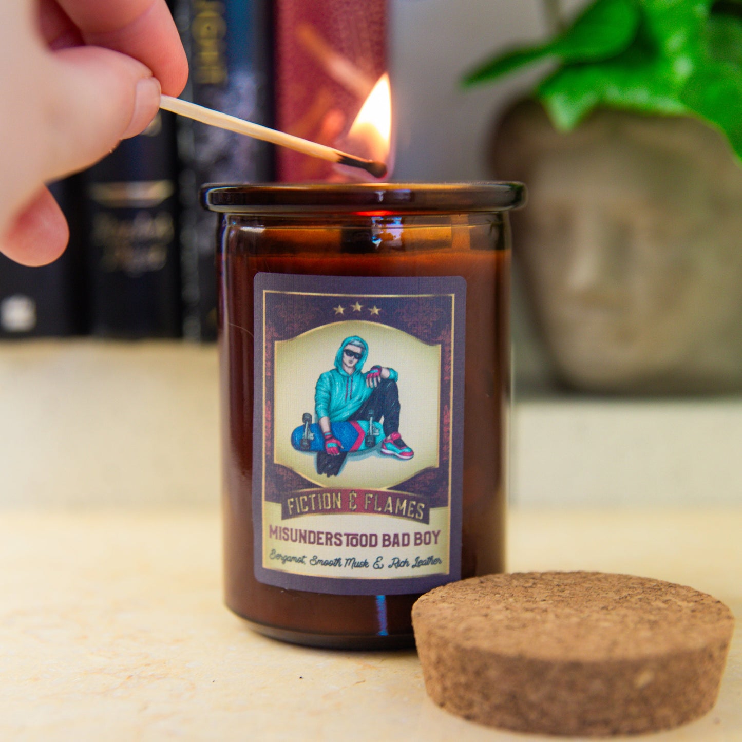 Misunderstood Bad Boy | Bergamot, Smooth Musk & Rich Leather | Writer Gift | Scented Candle | Book Lover Gift | Reader Gift | Bookish Candle - Fiction and Flames 