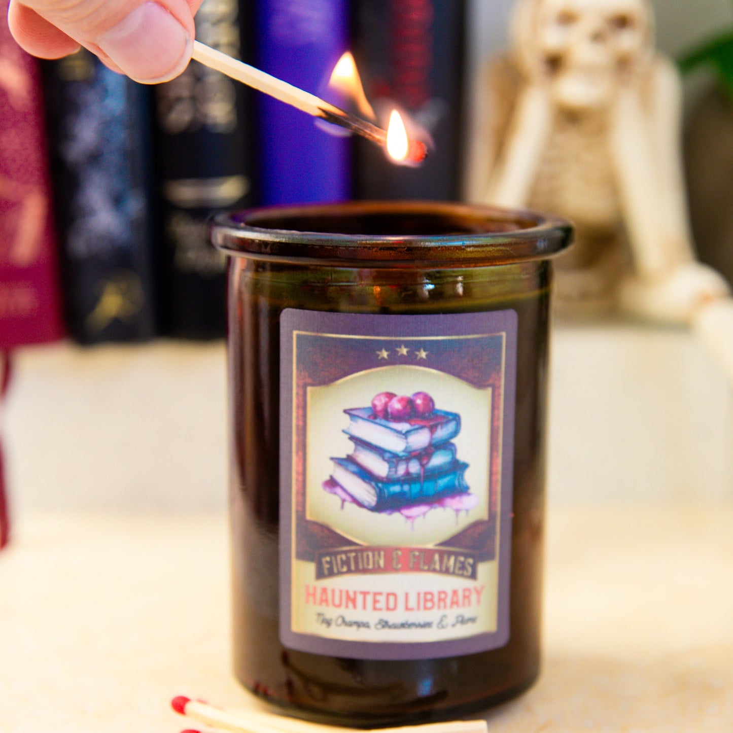 Haunted Library - Nag Champa, Strawberries & Plum Scented Candle - Halloween Decor - Hand-Poured Soy Wax Candle - Fiction and Flames 