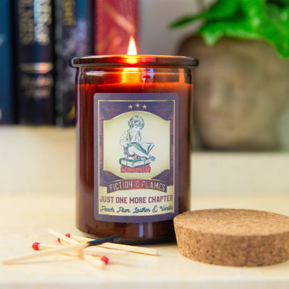 Just One More Chapter | Library Scented Candle | Peach, Plum, Leather & Vanilla Soy Candle | Writers Gift | Book Lover | Bookish Candle - Fiction and Flames 