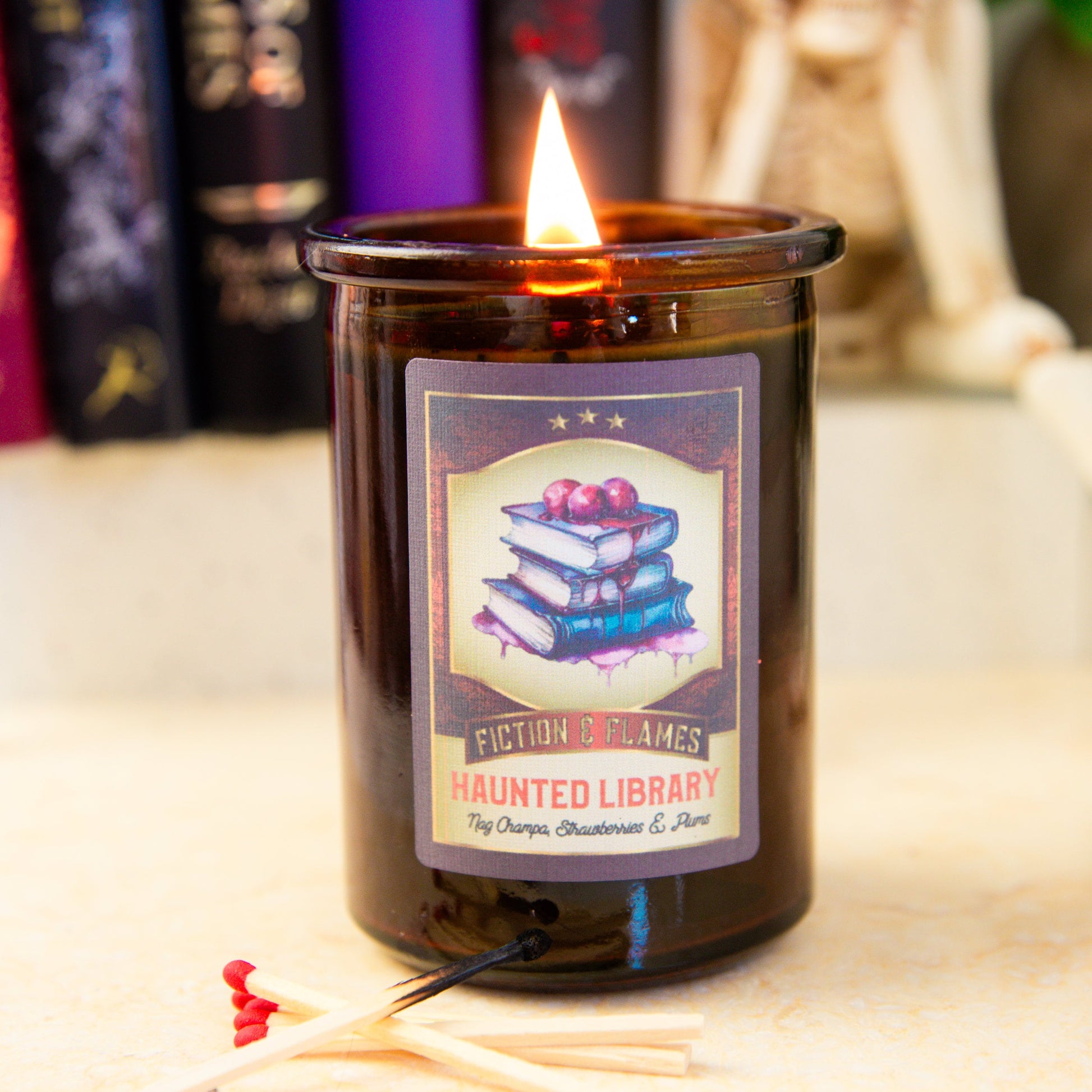 Haunted Library - Nag Champa, Strawberries & Plum Scented Candle - Halloween Decor - Hand-Poured Soy Wax Candle - Fiction and Flames 