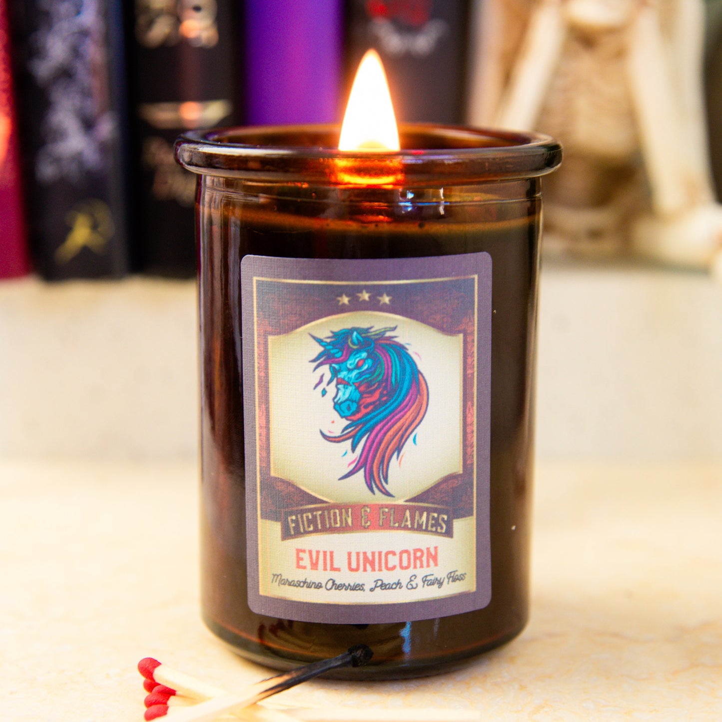 Evil Unicorn - Maraschino Cherries, Peach & Fairy Floss - Halloween Inspired Candle - Halloween Decor - Hand-Poured Soy Wax Candle - Fiction and Flames 