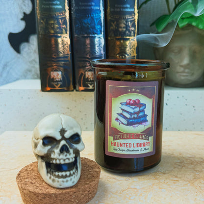 Haunted Library - Nag Champa, Strawberries & Plum Scented Candle - Halloween Decor - Hand-Poured Soy Wax Candle - Fiction and Flames 