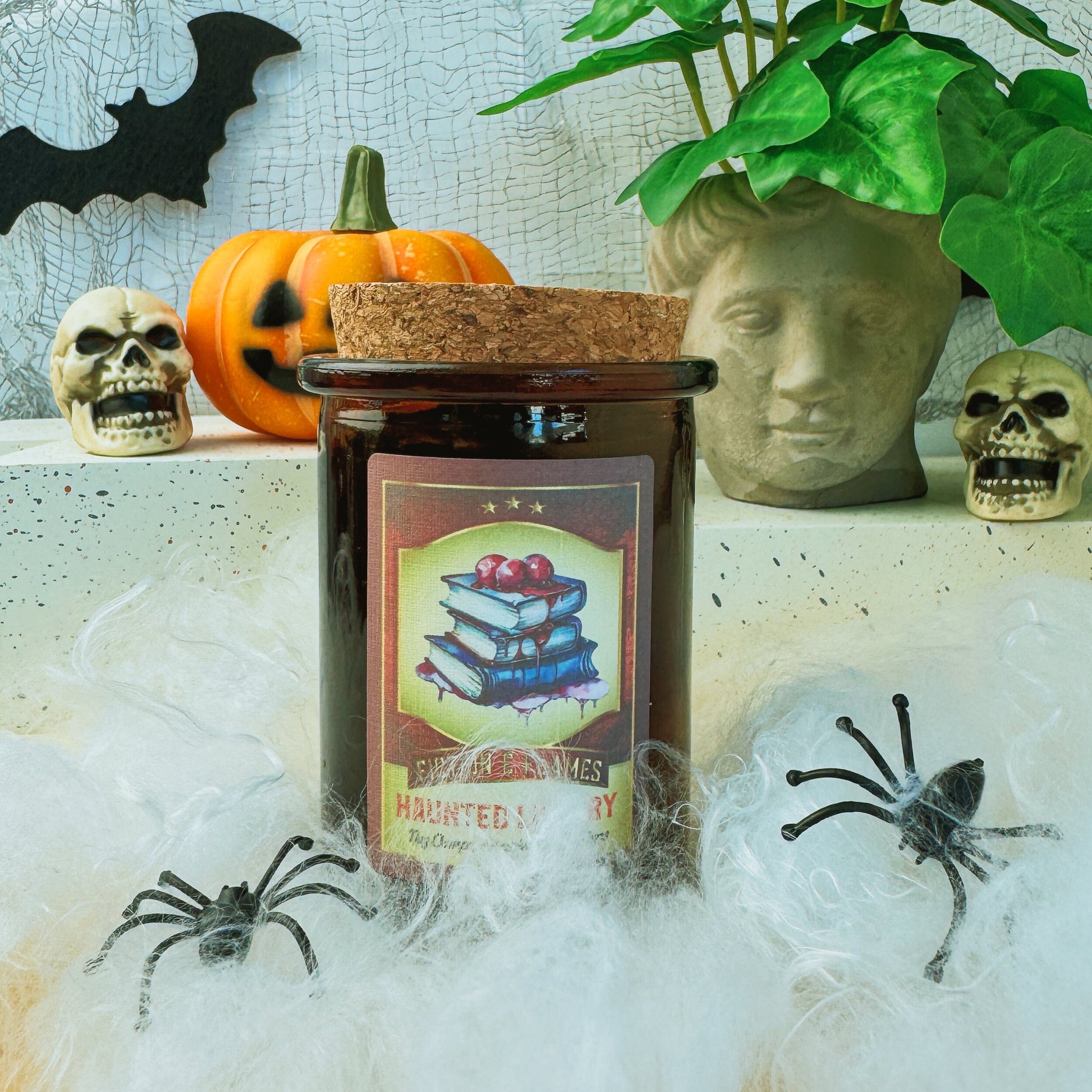 Haunted Library - Nag Champa, Strawberries & Plum Scented Candle - Halloween Decor - Hand-Poured Soy Wax Candle - Fiction and Flames 