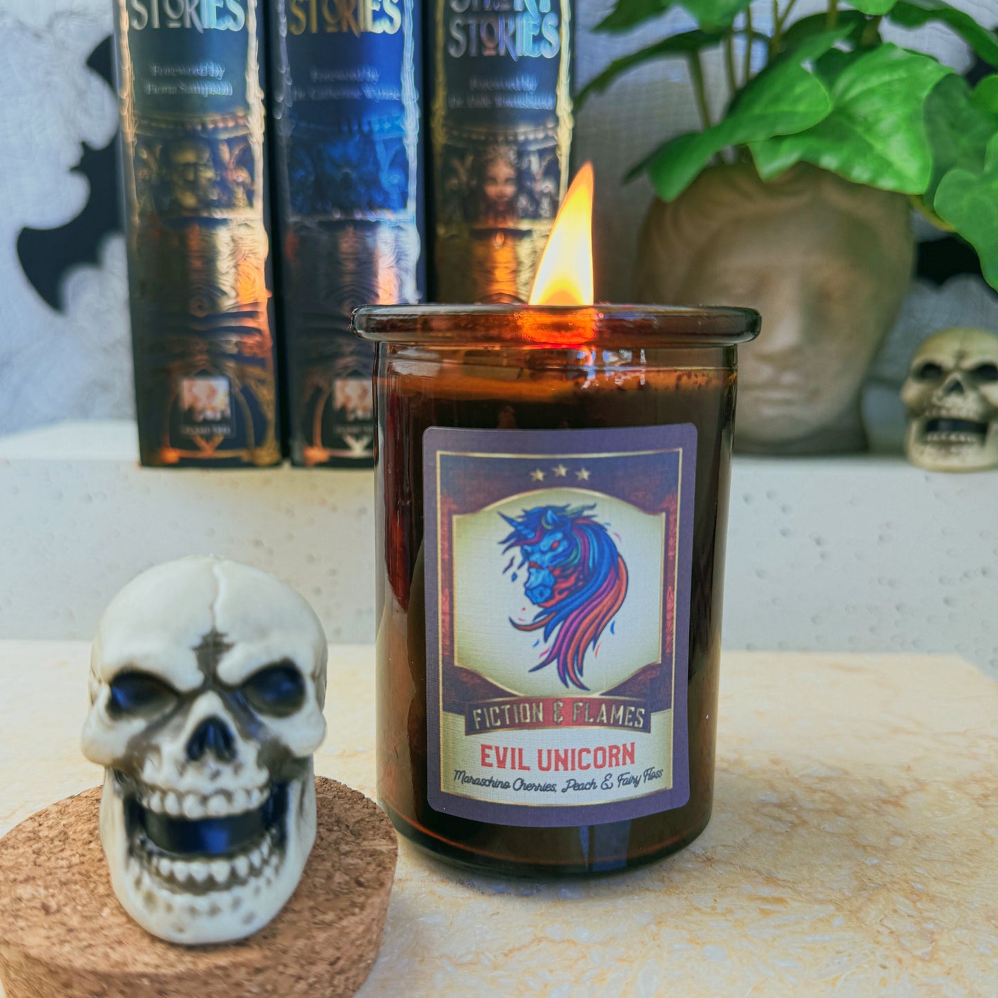 Evil Unicorn - Maraschino Cherries, Peach & Fairy Floss - Halloween Inspired Candle - Halloween Decor - Hand-Poured Soy Wax Candle - Fiction and Flames 