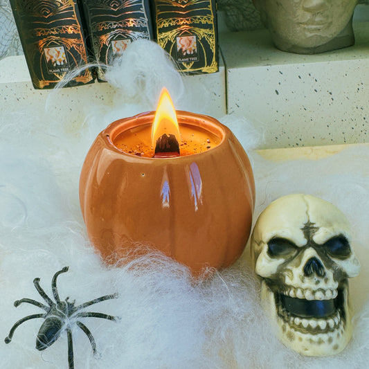 Spooky Halloween Pumpkin Candle Jars | Halloween Fragrances | Wooden Wick | Ceramic Orange Pumpkin Jars - Fiction and Flames 