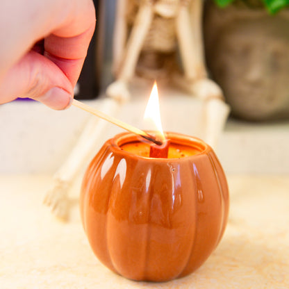 Spooky Halloween Pumpkin Candle Jars | Halloween Fragrances | Wooden Wick | Ceramic Orange Pumpkin Jars - Fiction and Flames 