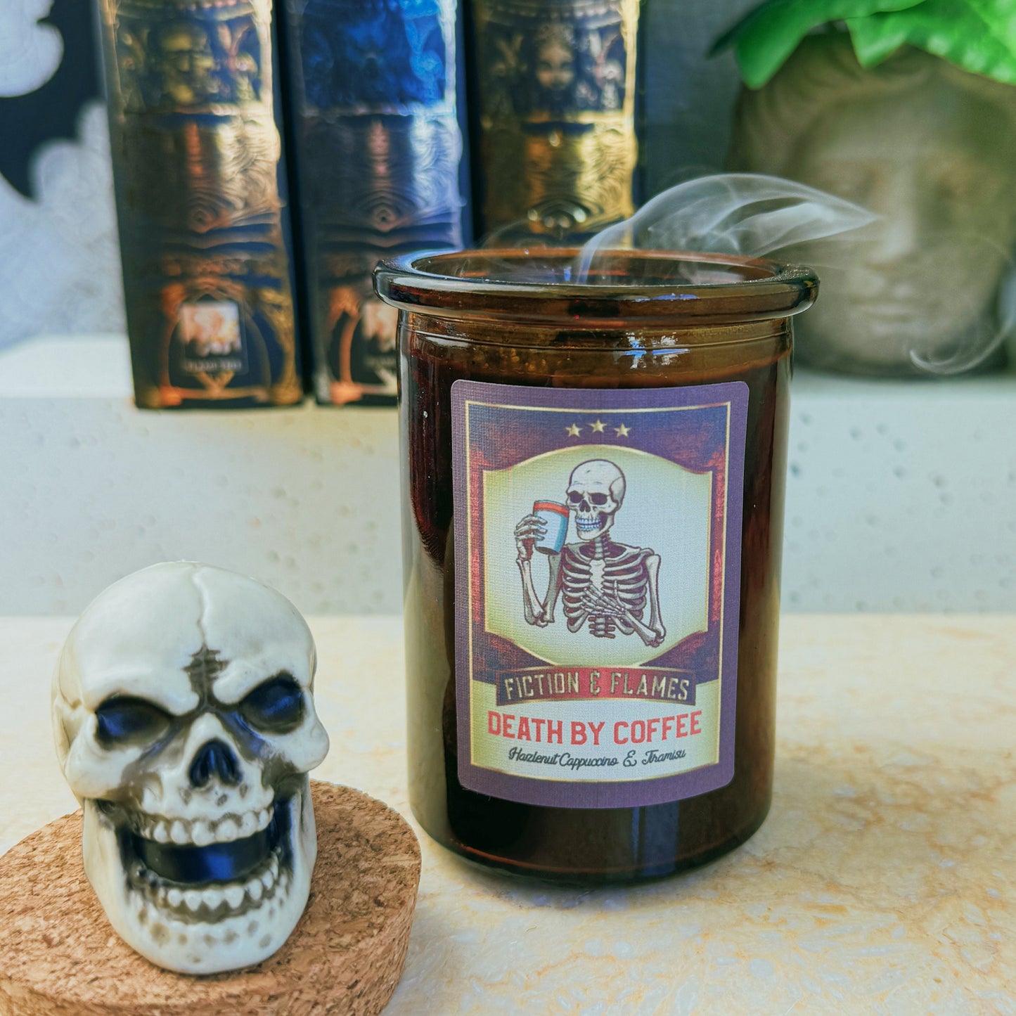 Death by Coffee - Hazelnut Cappuccino & Tiramisu Scented Candle - Halloween Decor - Hand-Poured Soy Wax Candle - Fiction and Flames 