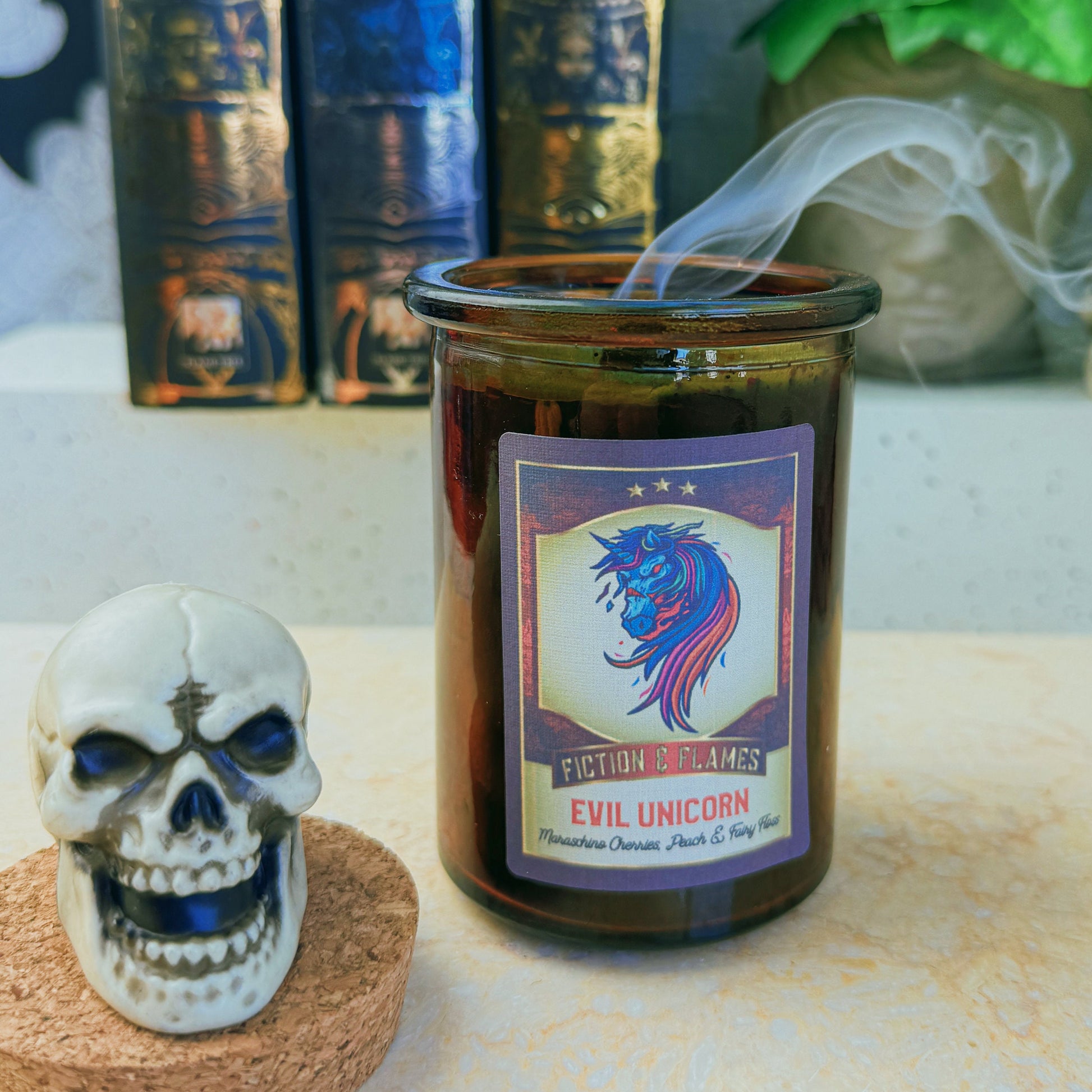 Evil Unicorn - Maraschino Cherries, Peach & Fairy Floss - Halloween Inspired Candle - Halloween Decor - Hand-Poured Soy Wax Candle - Fiction and Flames 