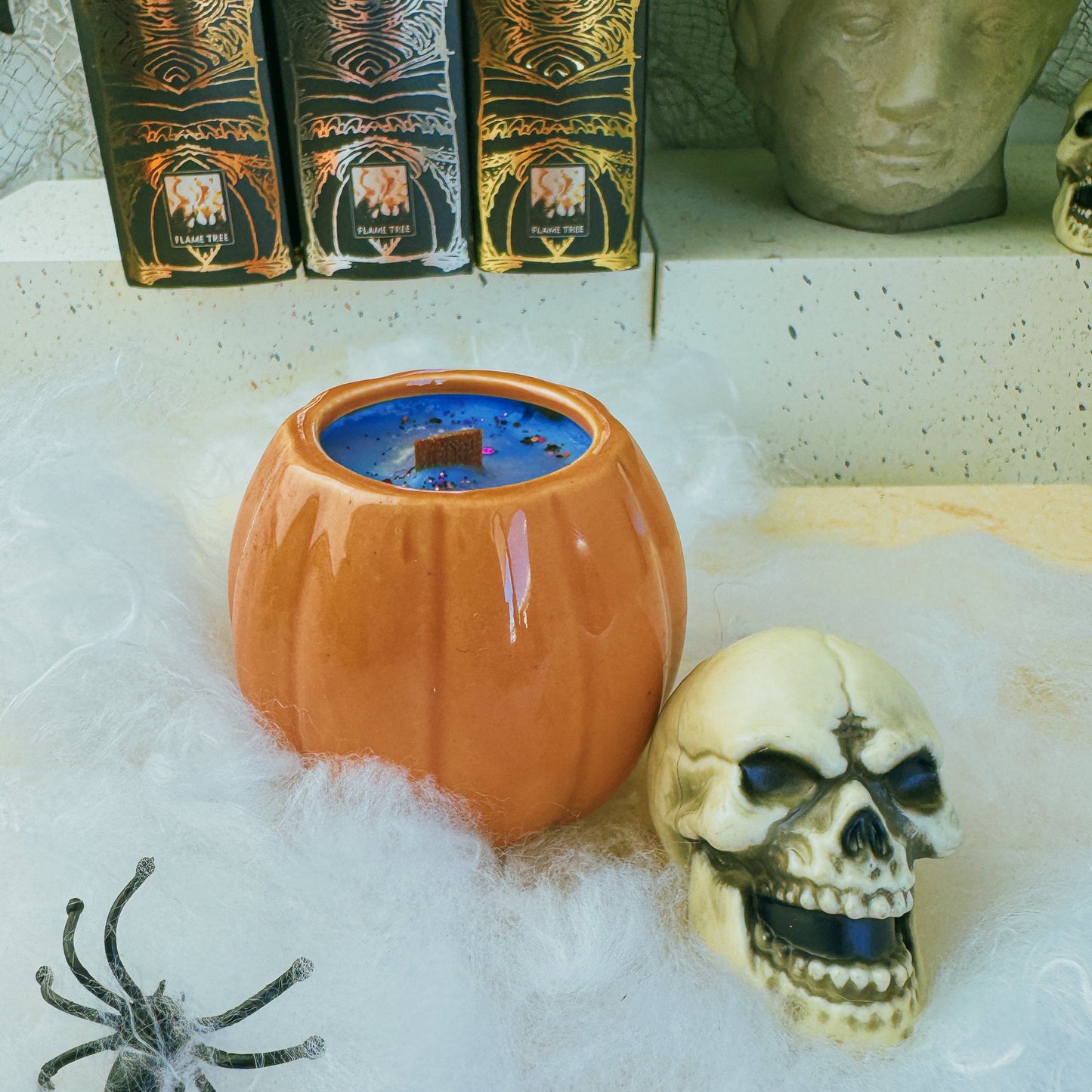 Spooky Halloween Pumpkin Candle Jars | Halloween Fragrances | Wooden Wick | Ceramic Orange Pumpkin Jars - Fiction and Flames 