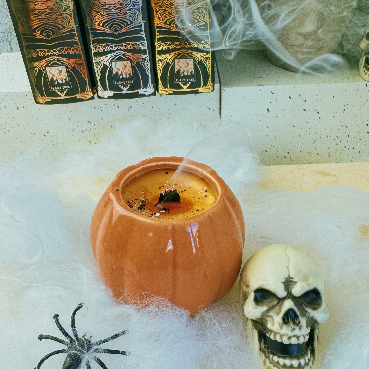 Spooky Halloween Pumpkin Candle Jars | Halloween Fragrances | Wooden Wick | Ceramic Orange Pumpkin Jars - Fiction and Flames 