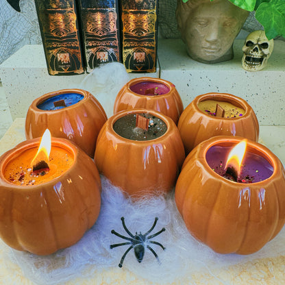 Spooky Halloween Pumpkin Candle Jars | Halloween Fragrances | Wooden Wick | Ceramic Orange Pumpkin Jars - Fiction and Flames 