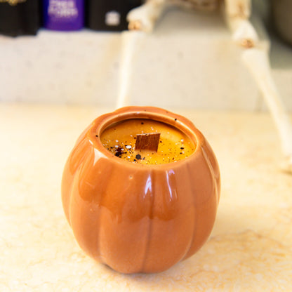 Spooky Halloween Pumpkin Candle Jars | Halloween Fragrances | Wooden Wick | Ceramic Orange Pumpkin Jars - Fiction and Flames 