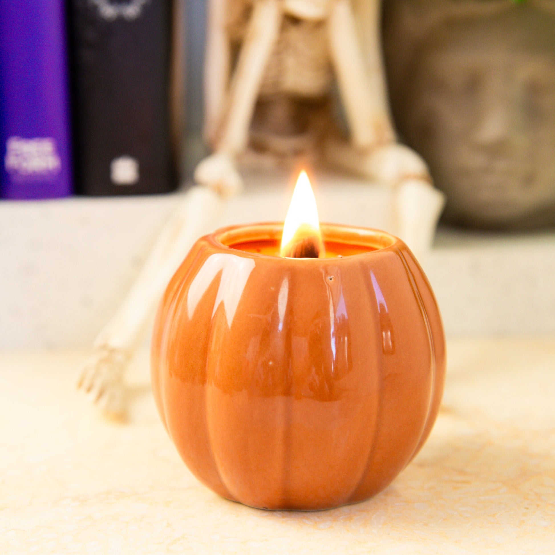 Spooky Halloween Pumpkin Candle Jars | Halloween Fragrances | Wooden Wick | Ceramic Orange Pumpkin Jars - Fiction and Flames 