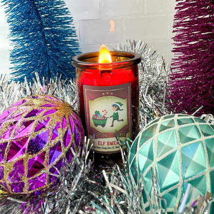 Elf Sweat Christmas Candle - A Playful Blend of Candy Canes, Candy Corn & Soda Pop Bubbles - Fiction and Flames 