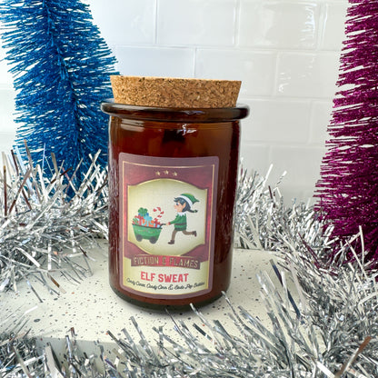 Elf Sweat Christmas Candle - A Playful Blend of Candy Canes, Candy Corn & Soda Pop Bubbles - Fiction and Flames 