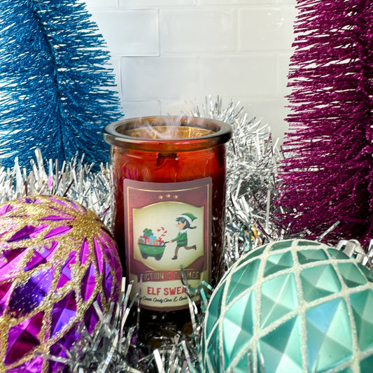 Elf Sweat Christmas Candle - A Playful Blend of Candy Canes, Candy Corn & Soda Pop Bubbles - Fiction and Flames 