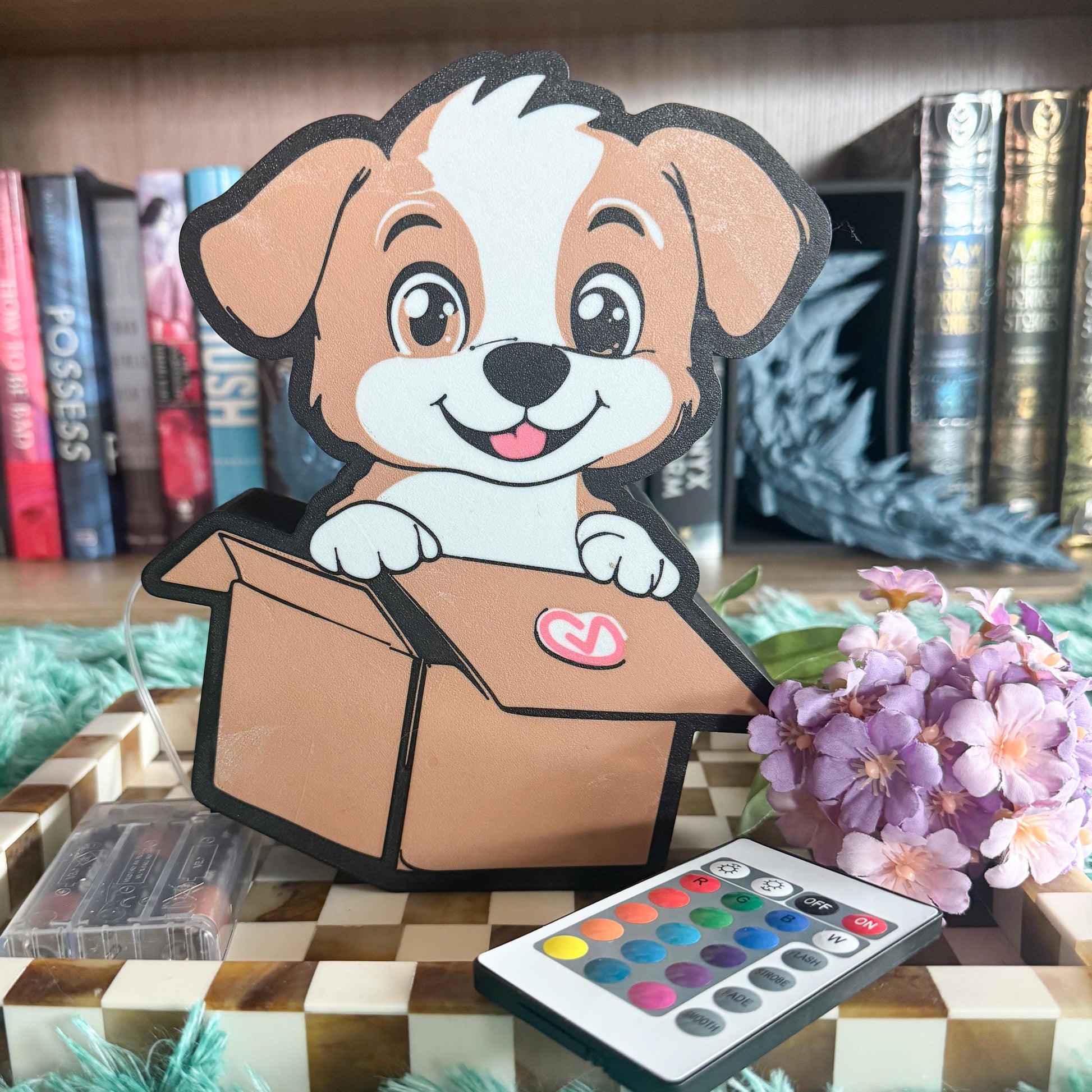 Puppy in a Box Light Box – LED 3d printed Decor with Remote | 3D Printed Bookshelf Decor
