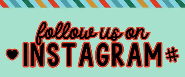 Teal background with bold black and orange text reading ’follow us on instagram#’ accompanied by a heart symbol.